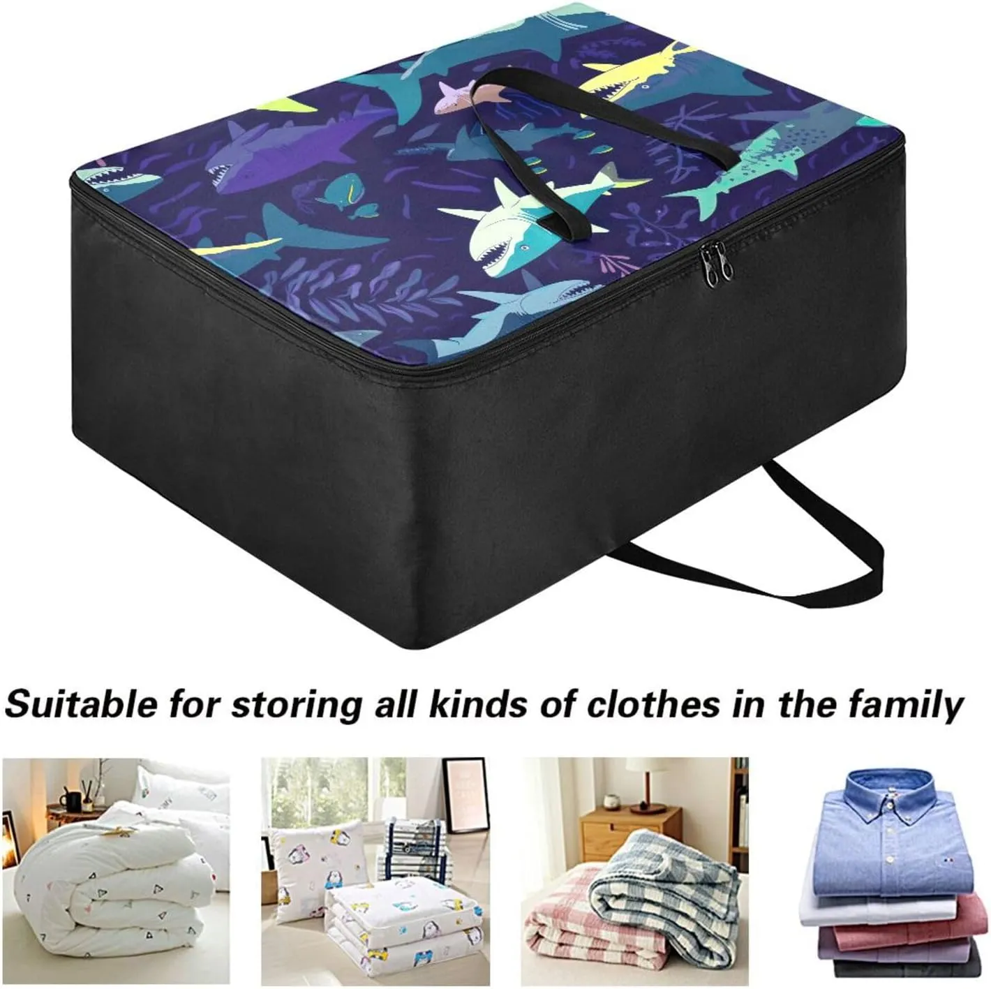 Blue Sharks Storage Bag, 27.5x19.7x11 in, Collapsible Moving Bags Zippered Storage Bag for Closet Comforter, Pillow, Quilt