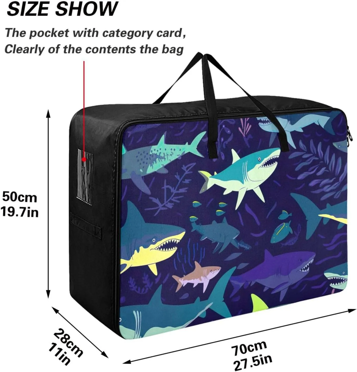 Blue Sharks Storage Bag, 27.5x19.7x11 in, Collapsible Moving Bags Zippered Storage Bag for Closet Comforter, Pillow, Quilt