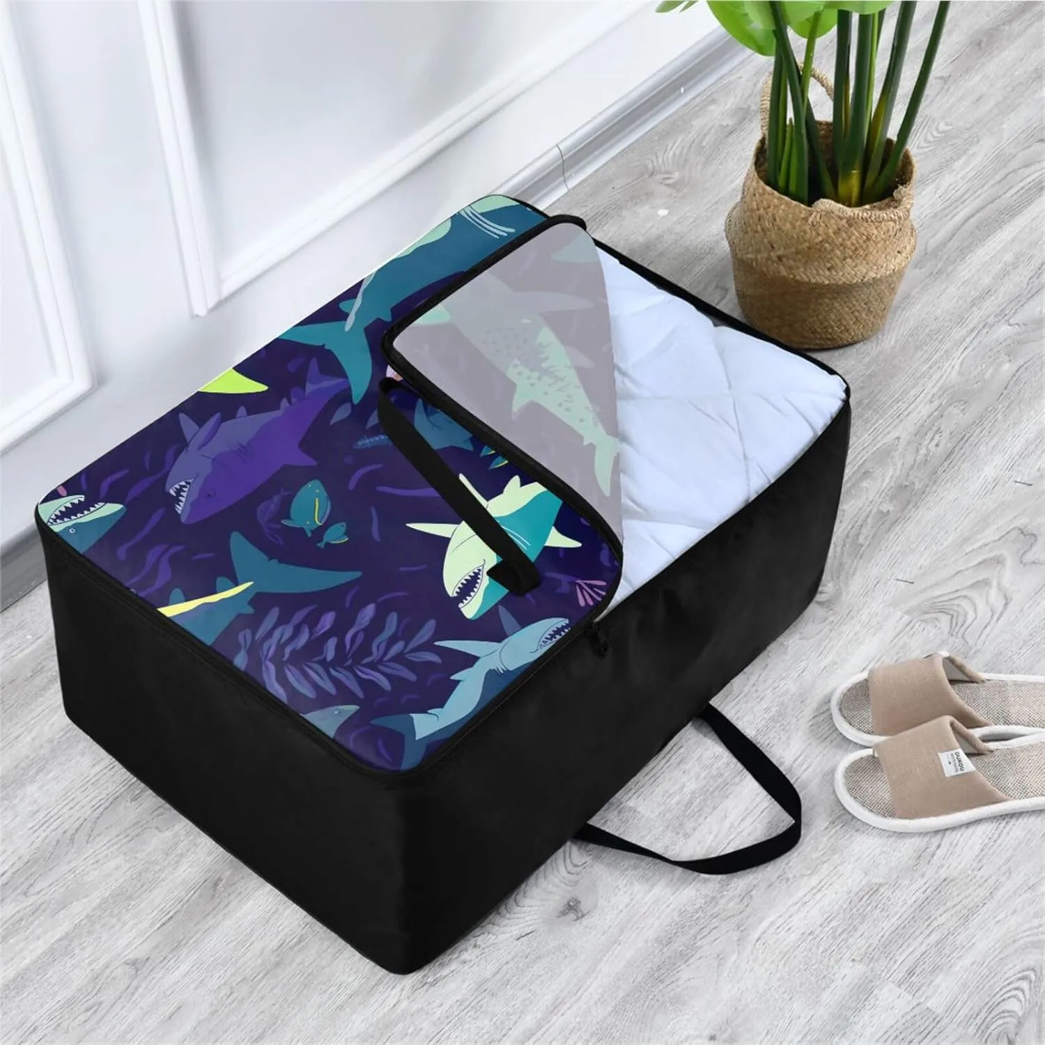Blue Sharks Storage Bag, 27.5x19.7x11 in, Collapsible Moving Bags Zippered Storage Bag for Closet Comforter, Pillow, Quilt