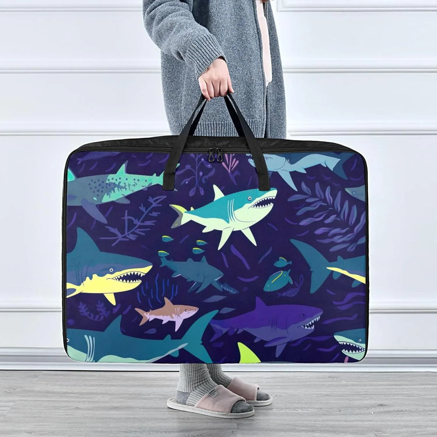 Blue Sharks Storage Bag, 27.5x19.7x11 in, Collapsible Moving Bags Zippered Storage Bag for Closet Comforter, Pillow, Quilt