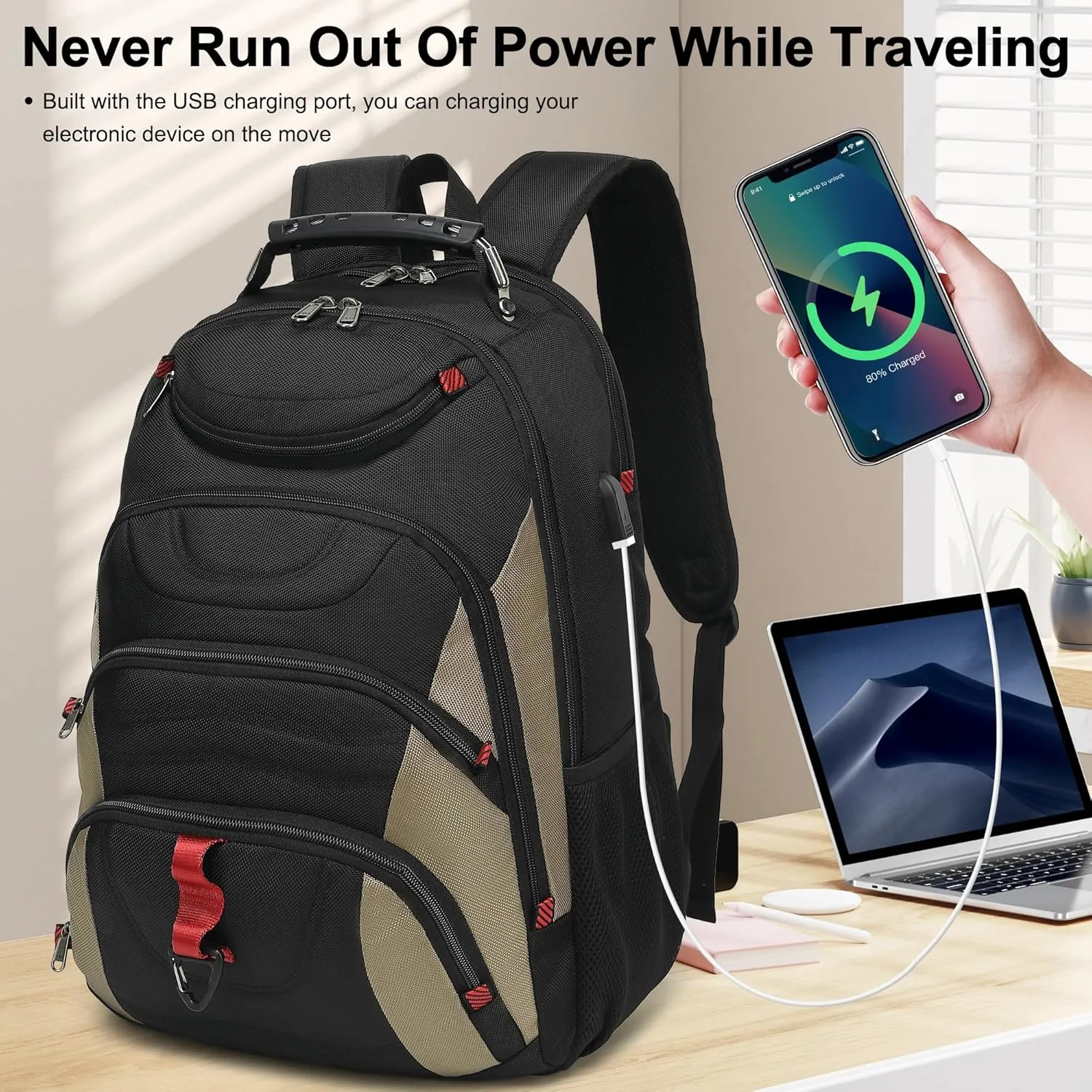 Boavan Laptop Backpack for men, 17.3 inch Laptop Bag with USB Port, Waterproof Travel Work Backpack Purse, Anti-Theft Teacher Nurse Doctor Casual Bookbags Office Business backpack，Black&Khaki