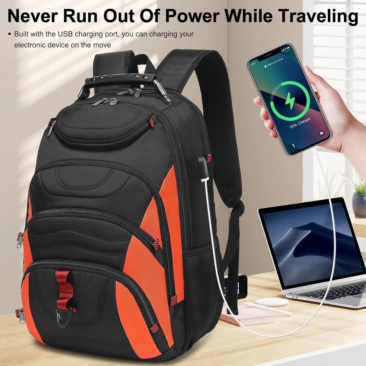 Boavan Laptop Backpack for men, 17.3 inch Laptop Bag with USB Port, Waterproof Travel Work Backpack Purse, Anti-Theft Teacher Nurse Doctor Casual Bookbags Office Business backpack，Black&Orange