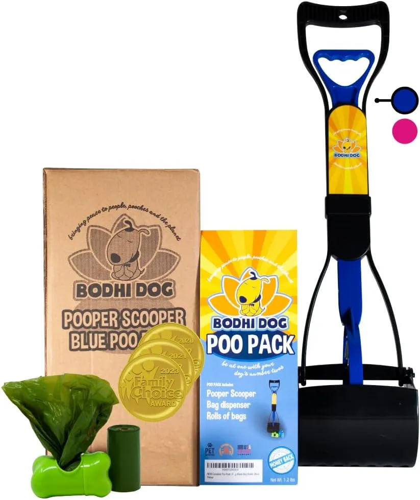 Bodhi Dog Complete Poo Pack- 24" Pooper Scooper, Poop Bags, & Waste Bag Holder, Ideal for Small to XL Pets - Durable, Easy-to-Use, Great for Grass, Gravel, & Outdoor Cleanups (Blue)