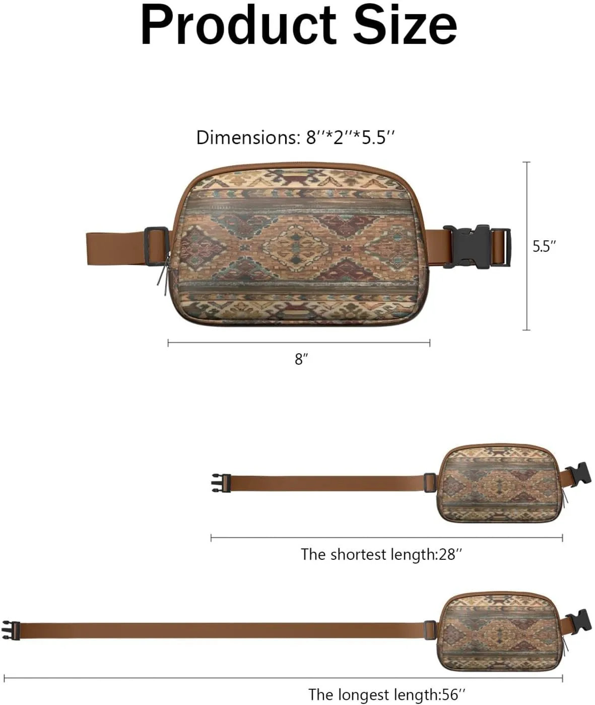 Bohemian Mini Belt Bag for Men Women Vintage Rustic Waist Packs Crossbody Bags Adjustable Strap for Hiking Cycling Running