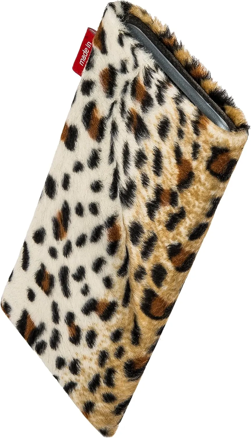 Bonga Leopard Custom Tailored Sleeve for Mobistel Cynus E1. Fine Imitation Fur Pouch with Integrated Microfibre Lining for Display Cleaning
