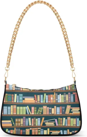 Bookshelves Of Books Library Shoulder Handbags for Women Travel Hobo Tote Handbag Women Gold Chain Shoulder Bags Purse with Zipper Closure