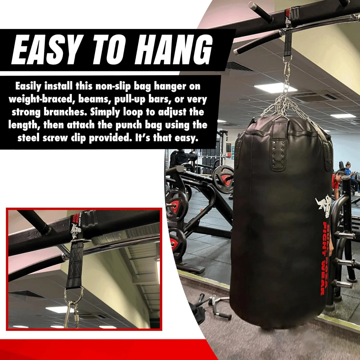 Boxing Punch Bag Strap/Sling – Heavy Duty Bag Hanger with 9mm Steel Screw Lock Carabiner - 500lbs Bag Holding Capacity Strap Mount Black 3 Sizes