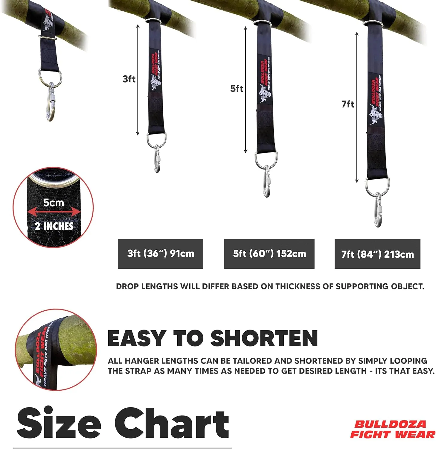 Boxing Punch Bag Strap/Sling – Heavy Duty Bag Hanger with 9mm Steel Screw Lock Carabiner - 500lbs Bag Holding Capacity Strap Mount Black 3 Sizes