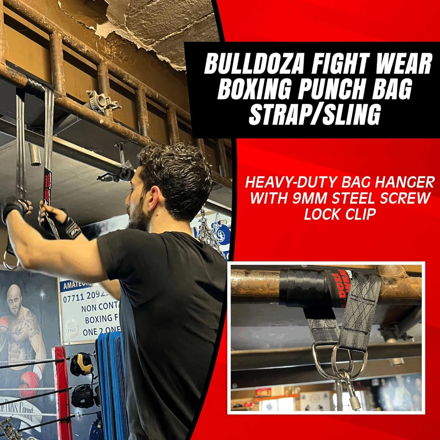 Boxing Punch Bag Strap/Sling – Heavy Duty Bag Hanger with 9mm Steel Screw Lock Carabiner - 500lbs Bag Holding Capacity Strap Mount Black 3 Sizes