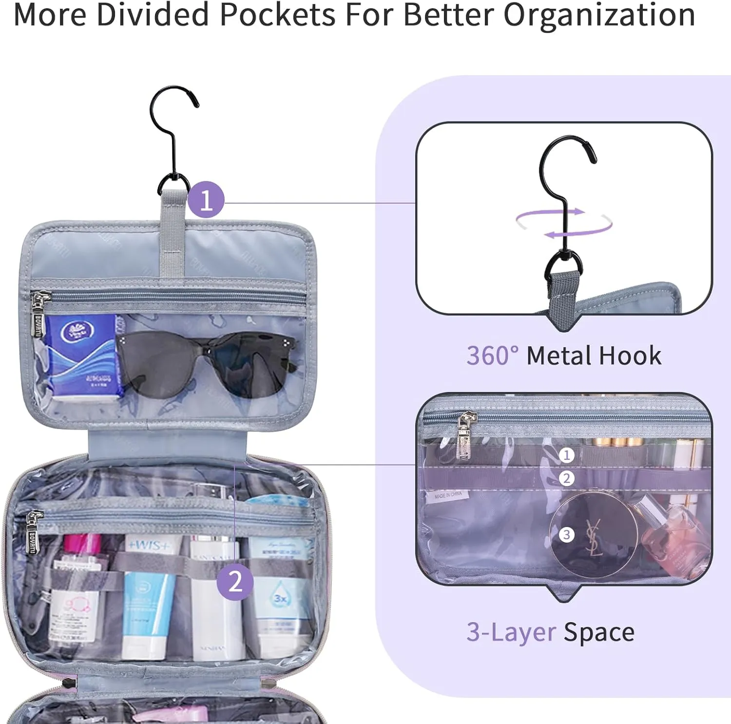BOYATU Travel Toiletry Bag Hanging Makeup Bag: Large Capacity Makeup Bag Organizer - Portable Cosmetic Bags with Handle 01-Purple