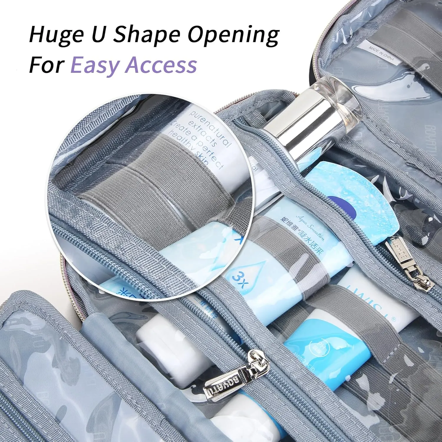 BOYATU Travel Toiletry Bag Hanging Makeup Bag: Large Capacity Makeup Bag Organizer - Portable Cosmetic Bags with Handle 01-Purple