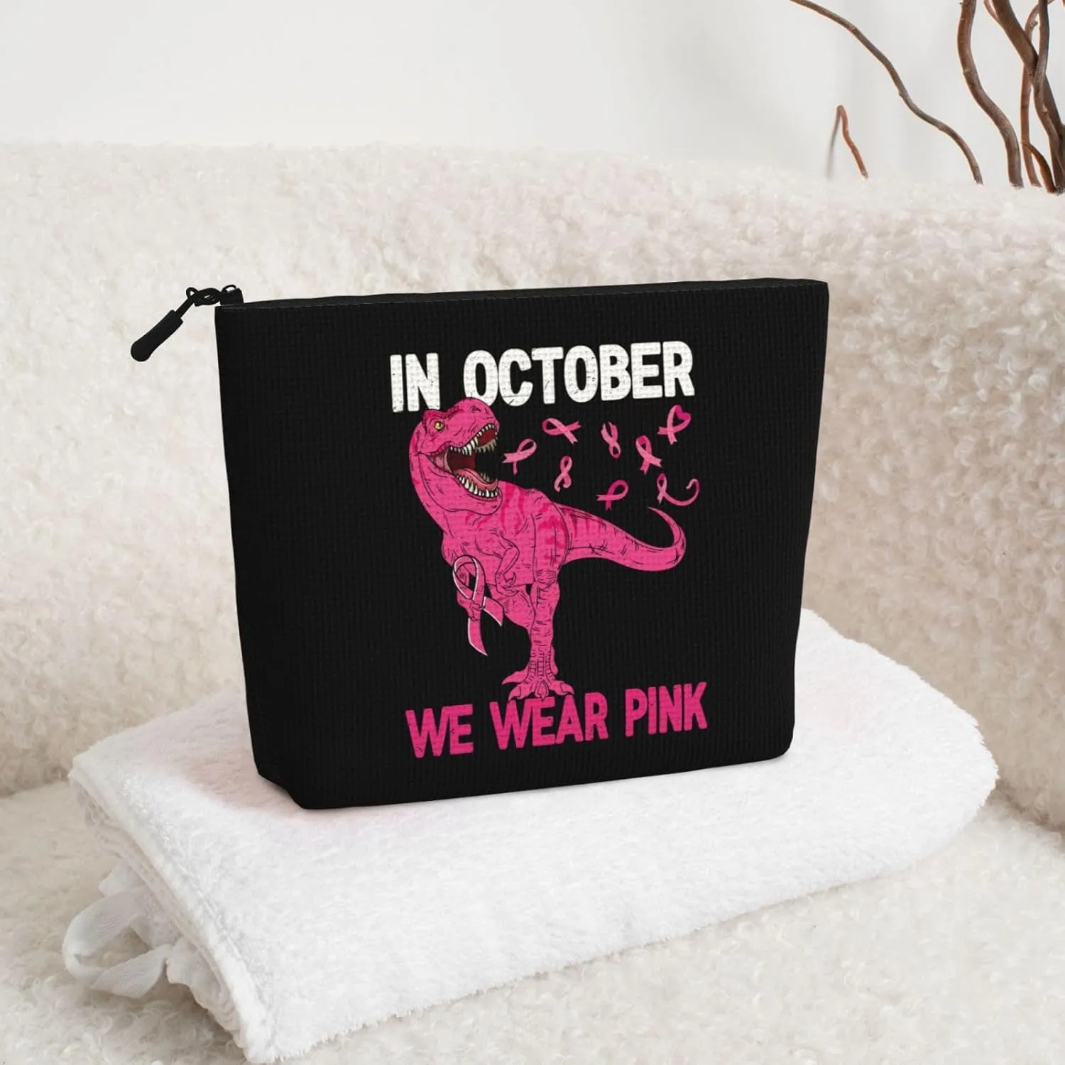 Breast Cancer Awareness October We Wear Pink Dinosaur Makeup Bags Travel Makeup Pouch Zipper Cosmetic Bag For Women