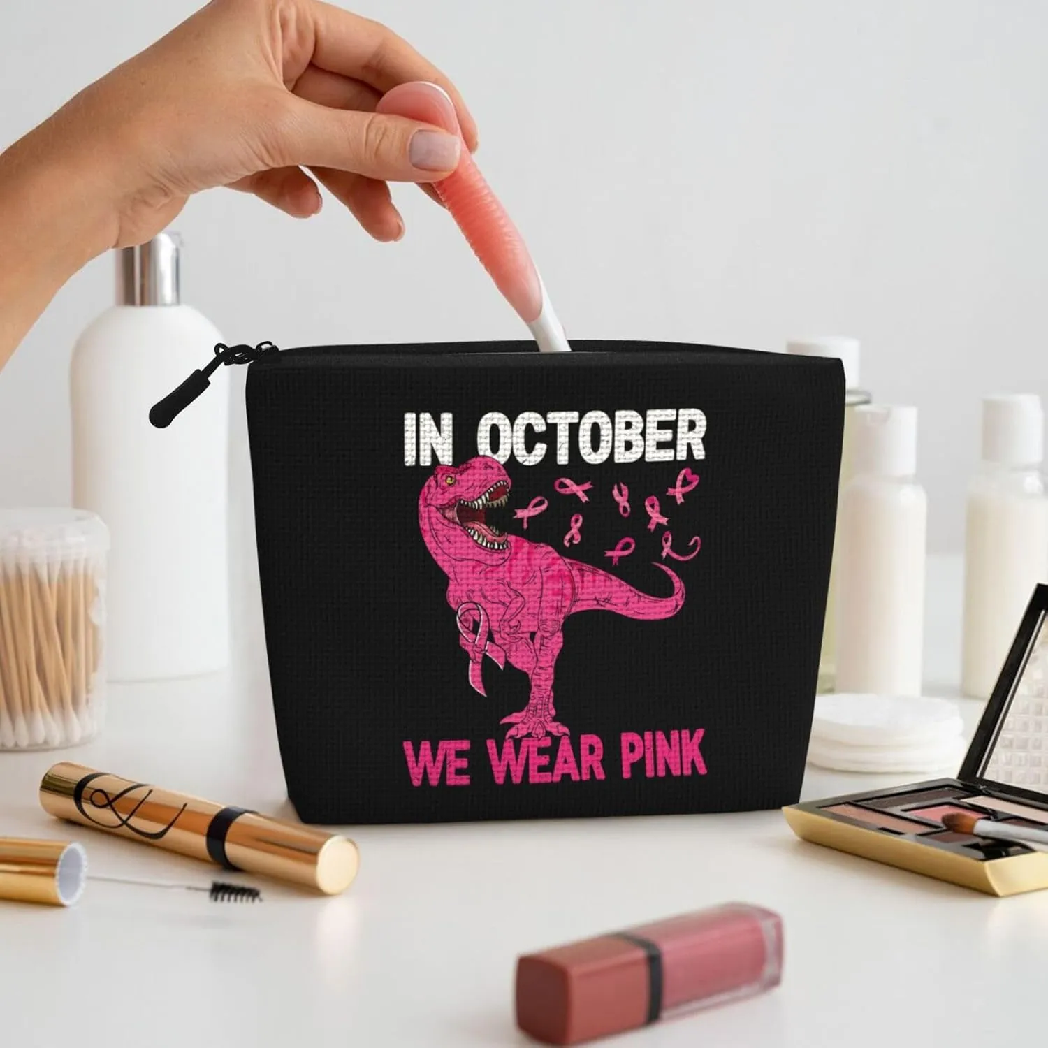 Breast Cancer Awareness October We Wear Pink Dinosaur Makeup Bags Travel Makeup Pouch Zipper Cosmetic Bag For Women