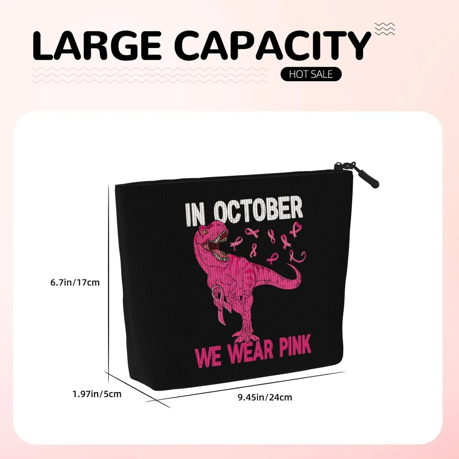 Breast Cancer Awareness October We Wear Pink Dinosaur Makeup Bags Travel Makeup Pouch Zipper Cosmetic Bag For Women