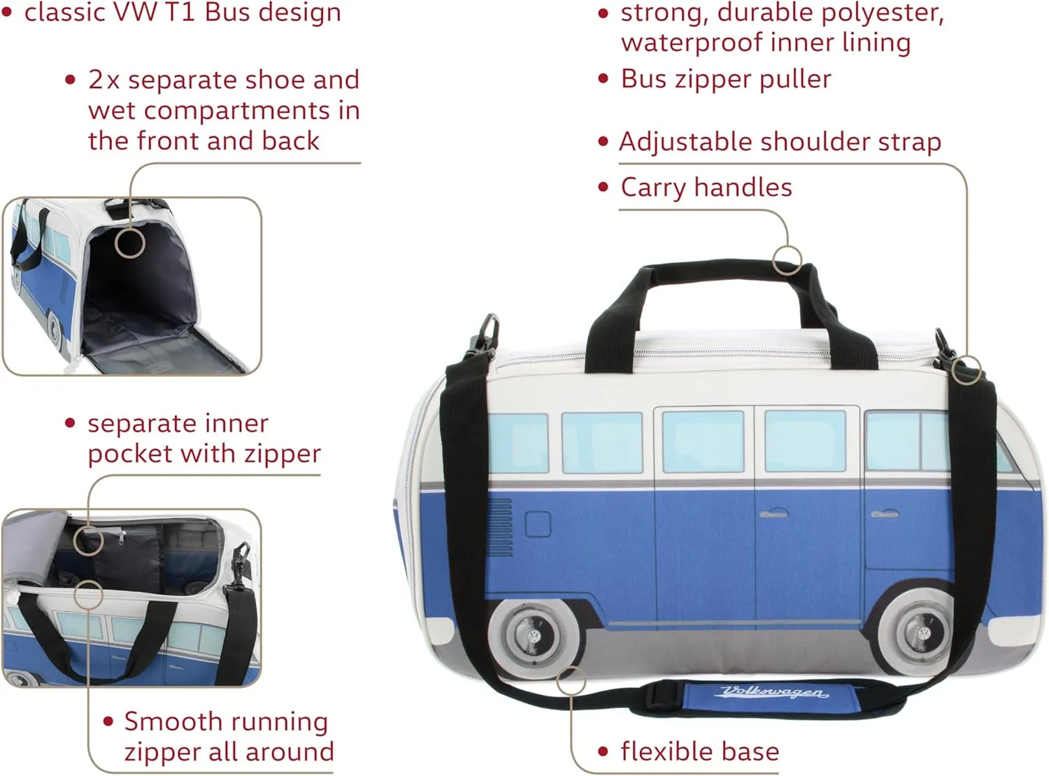 BRISA VW Collection - Volkswagen Samba Bus T1 Camper Van Sport, Gym, Travel Bag, Duffel with Shoe & Wet Compartment