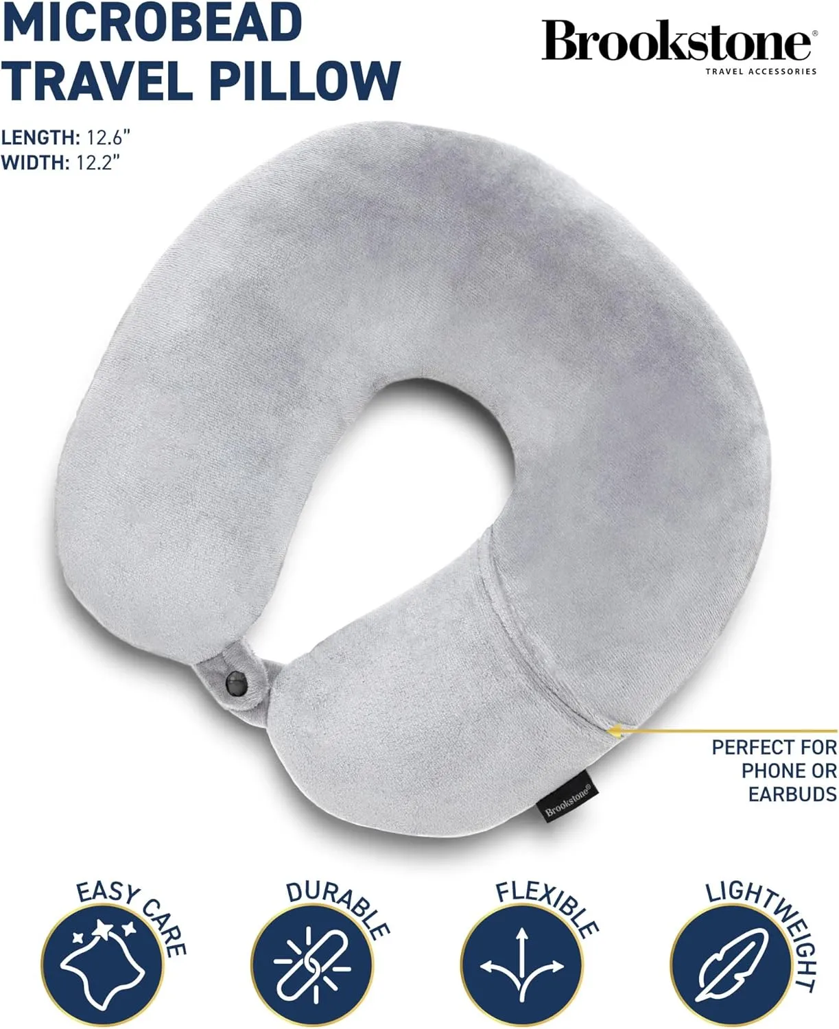 Brookstone Microbead Travel Head and Neck Pillow Lightweight and Plush with Phone or Headphone Pocket, Grey