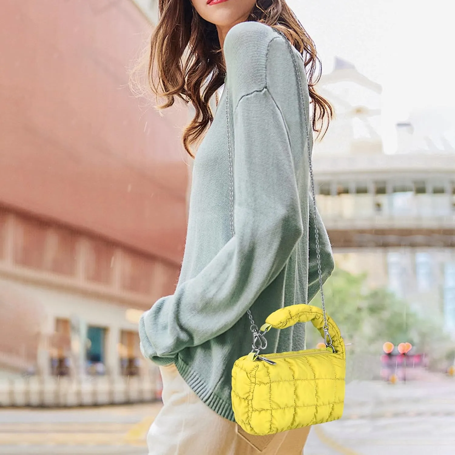 bvya Two Sizes Quilted Wristlet Bag for Women, Puffer Handbags,Evening Bags,Charm Lipstick Bag