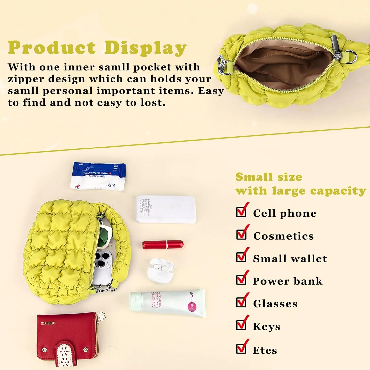 bvya Two Sizes Quilted Wristlet Bag for Women, Puffer Handbags,Evening Bags,Charm Lipstick Bag