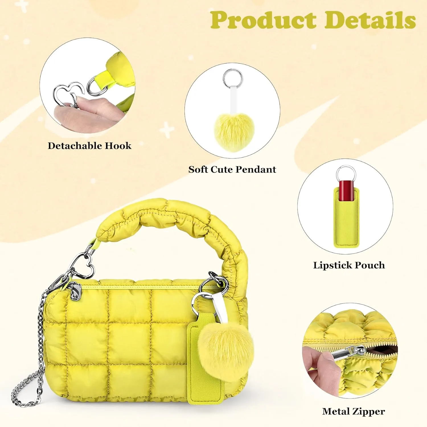 bvya Two Sizes Quilted Wristlet Bag for Women, Puffer Handbags,Evening Bags,Charm Lipstick Bag