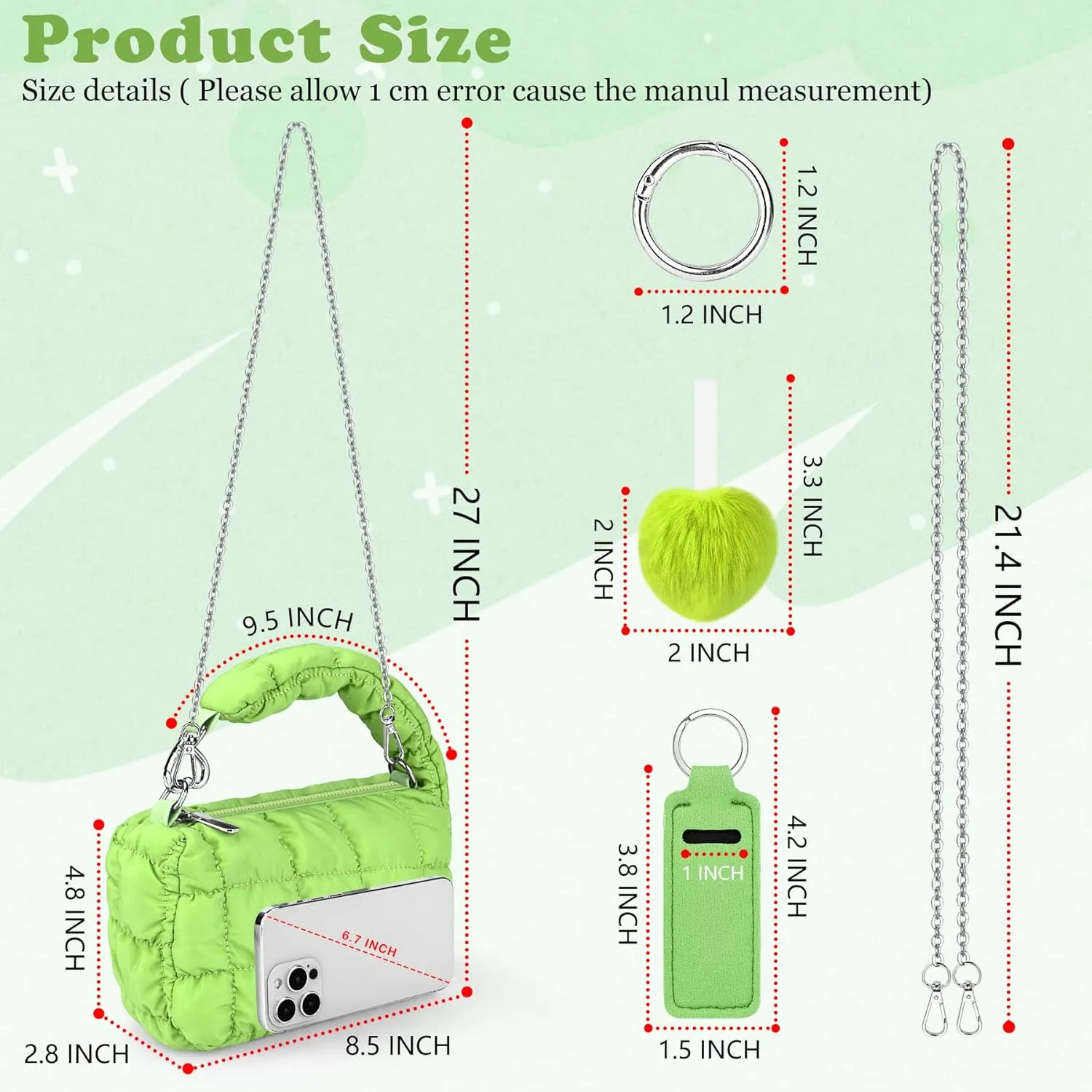 bvya Two Sizes Quilted Wristlet Bag for Women, Puffer Handbags,Evening Bags,Charm Lipstick Bag