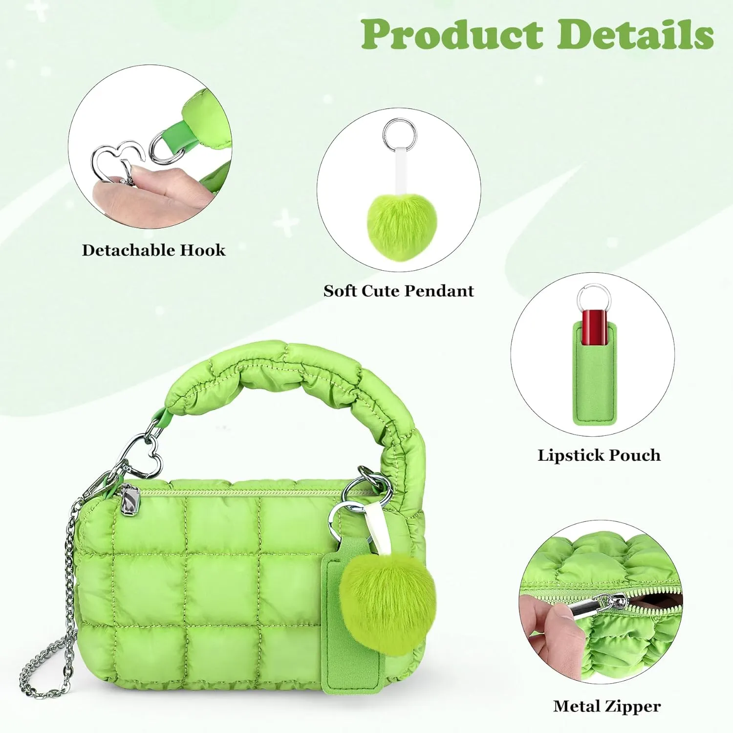 bvya Two Sizes Quilted Wristlet Bag for Women, Puffer Handbags,Evening Bags,Charm Lipstick Bag