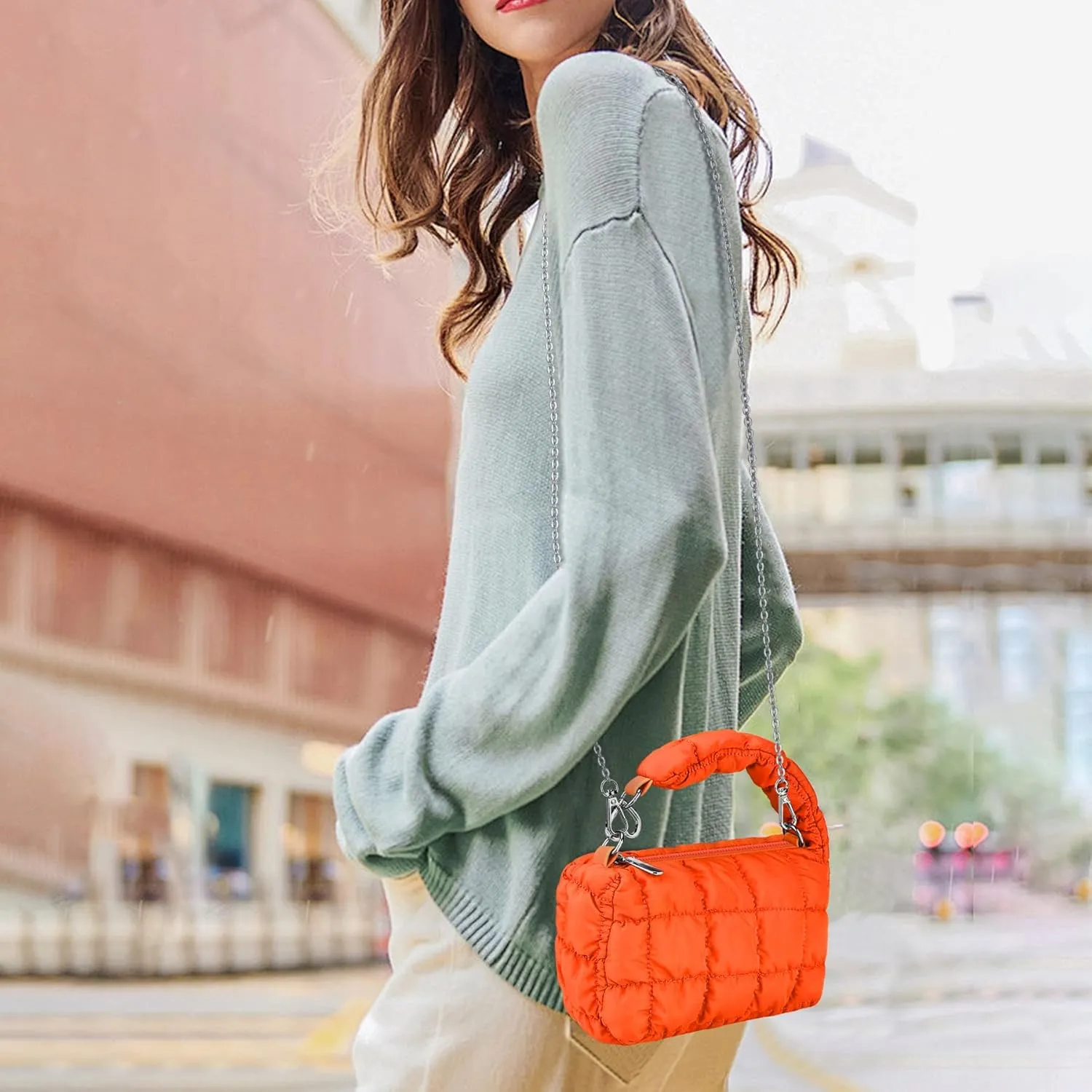 bvya Two Sizes Quilted Wristlet Bag for Women, Puffer Handbags,Evening Bags,Charm Lipstick Bag