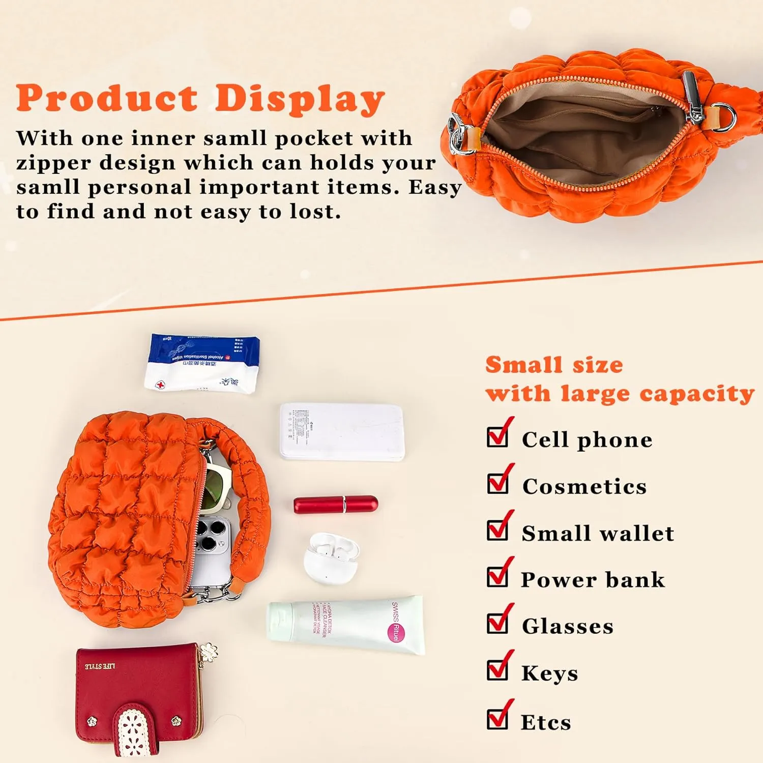 bvya Two Sizes Quilted Wristlet Bag for Women, Puffer Handbags,Evening Bags,Charm Lipstick Bag