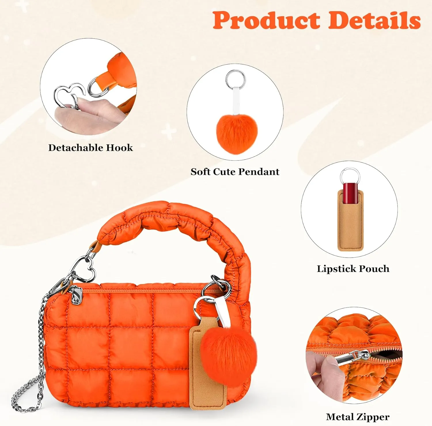 bvya Two Sizes Quilted Wristlet Bag for Women, Puffer Handbags,Evening Bags,Charm Lipstick Bag