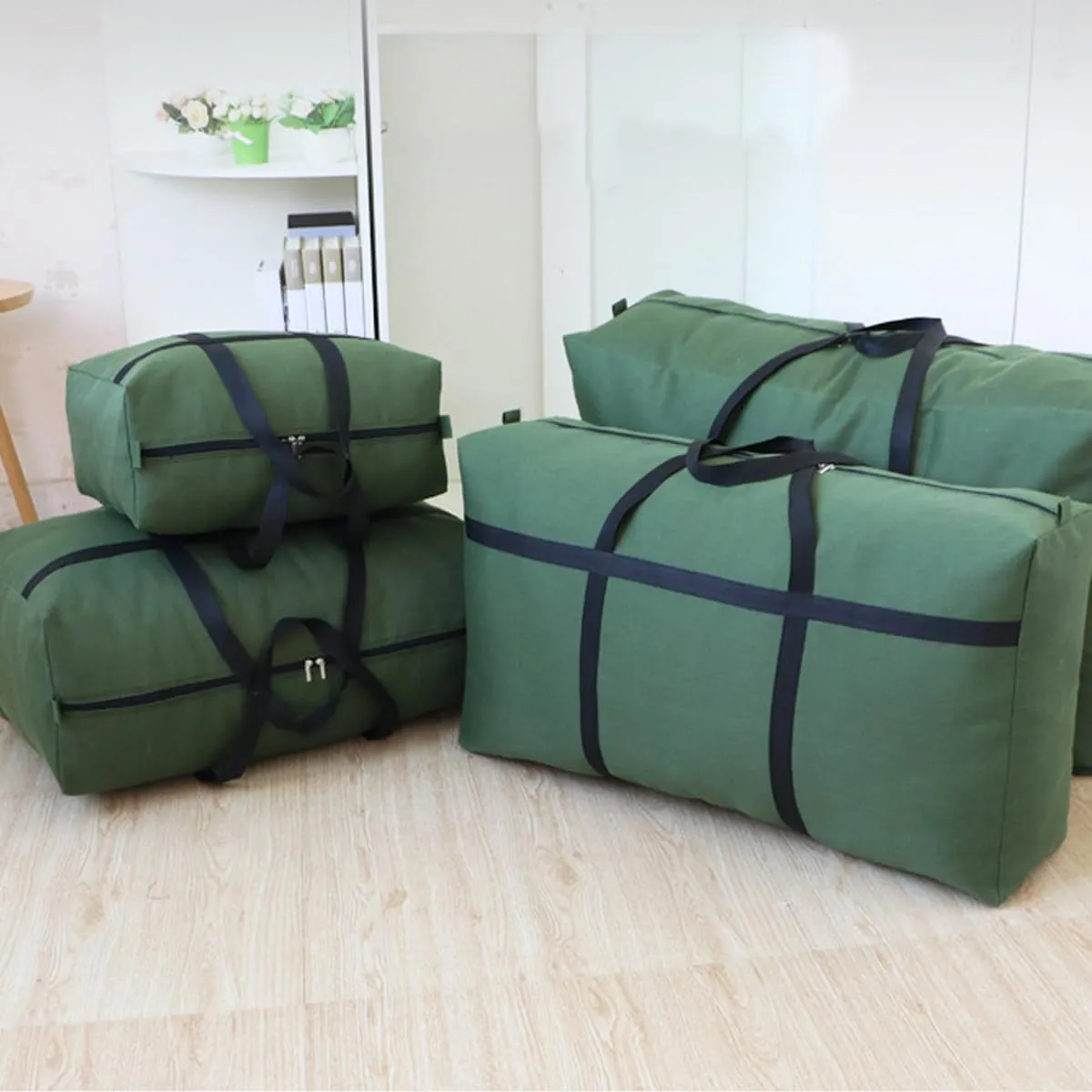 Canvas Extra Large Storage Bags Duffle Bags Organizer Bags for Space Saving Moving Storage (100L, Green)