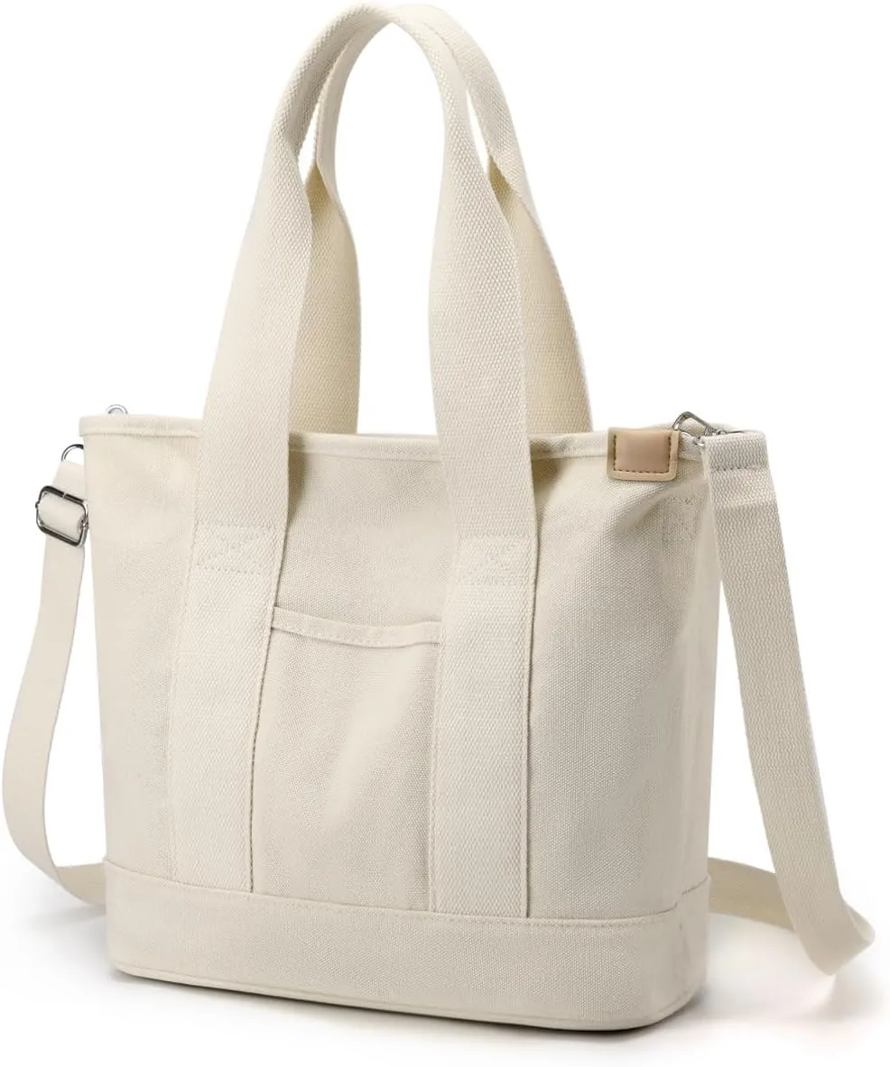Canvas Tote Bag for Women Simple Crossbody Shoulder Bag, Casual Zipper Top Handle Handbag, White