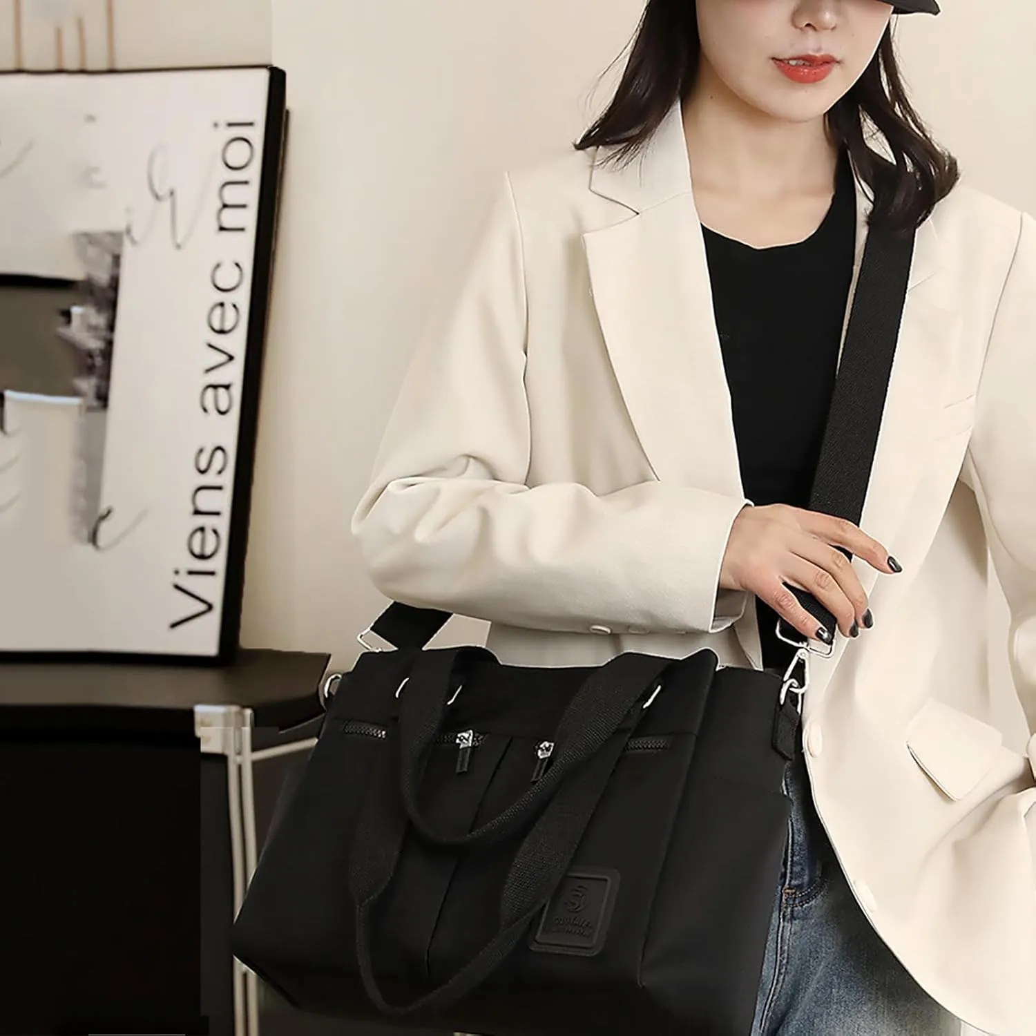 Canvas Tote Bag with Multi Pocket for Women Crossbody Shoulder Bag for Work Travel Handbag