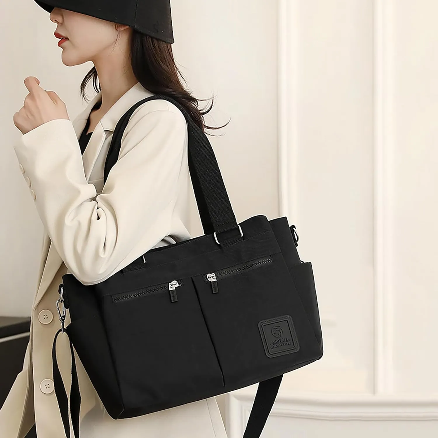 Canvas Tote Bag with Multi Pocket for Women Crossbody Shoulder Bag for Work Travel Handbag
