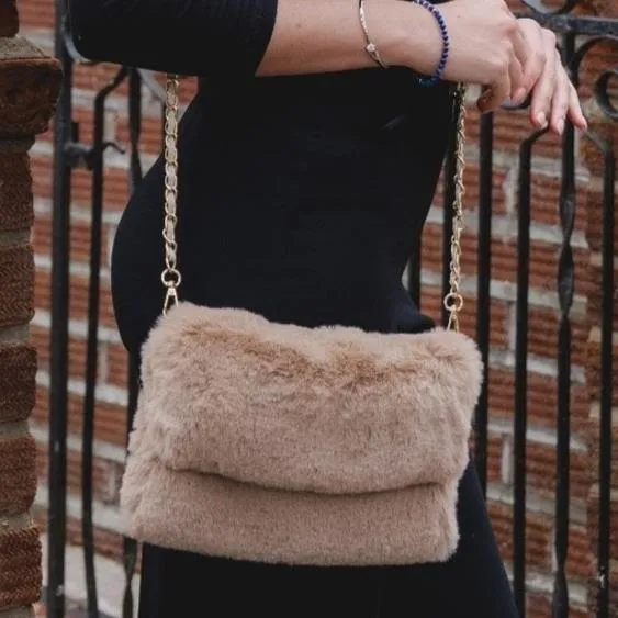 Cappuccino Faux Fur CB Bag with Gold Chain