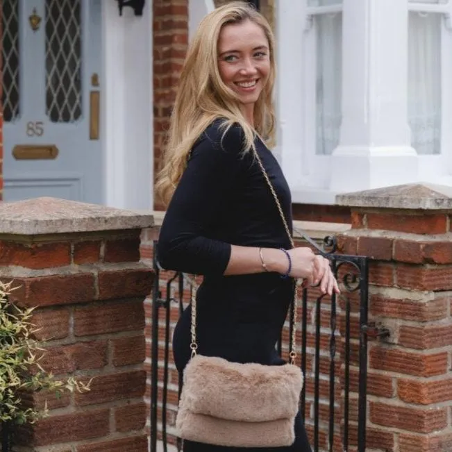 Cappuccino Faux Fur CB Bag with Gold Chain