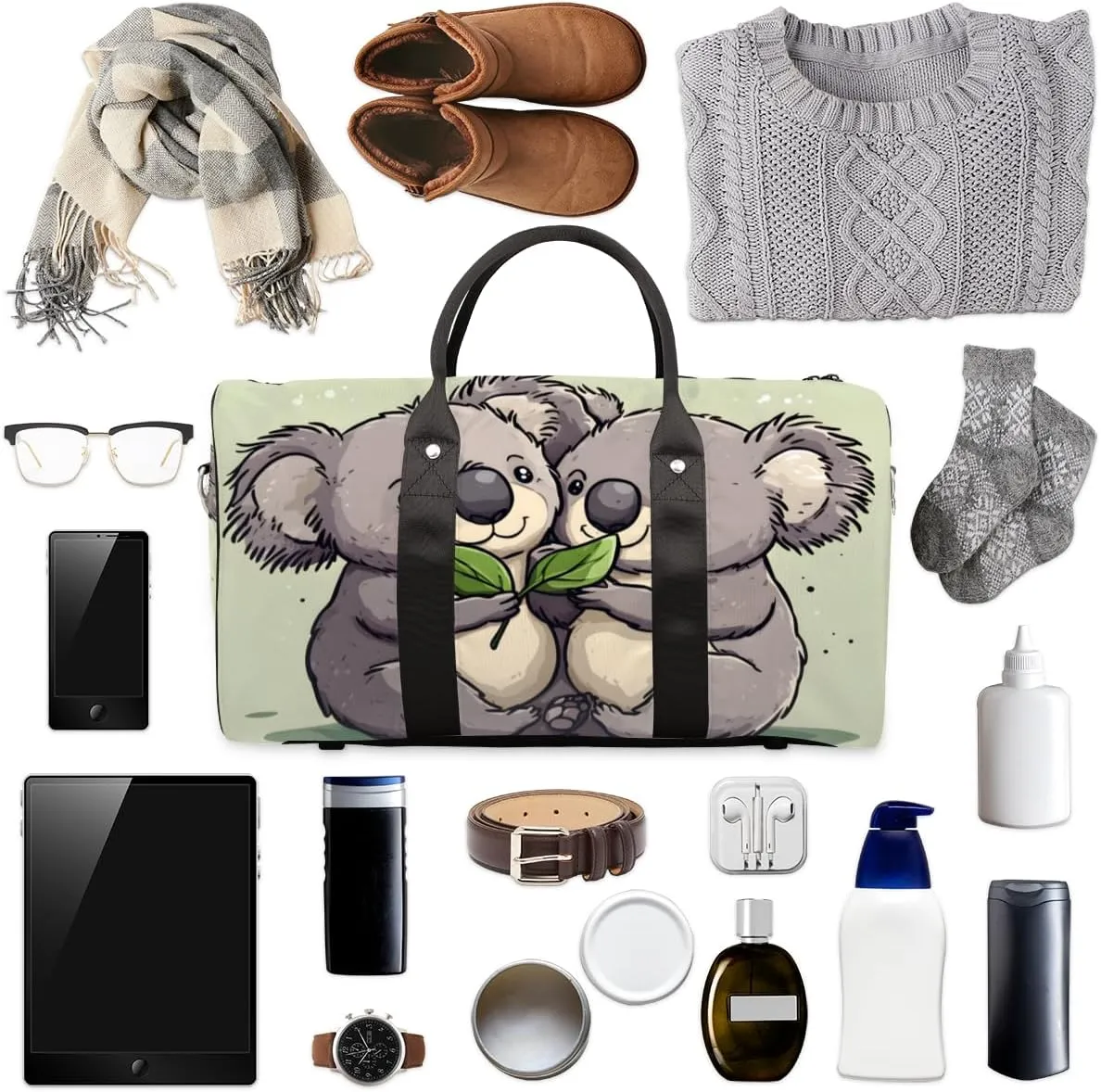 Cartoon Koalas Travel Duffle Bag for Women Men Gym Duffel Foldable Bag Waterproof Weekender Rustic Animal Duffle Tote