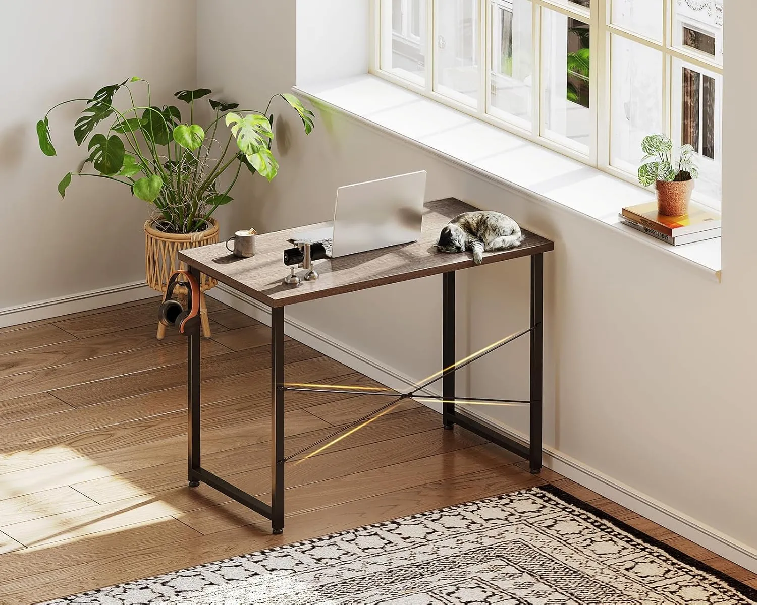 Casaottima 32 Inch Small Computer Desk for Home Office, Study Writing Table for Small Spaces, Simple Modern Desk with Headphone Hooks, Grey Oak