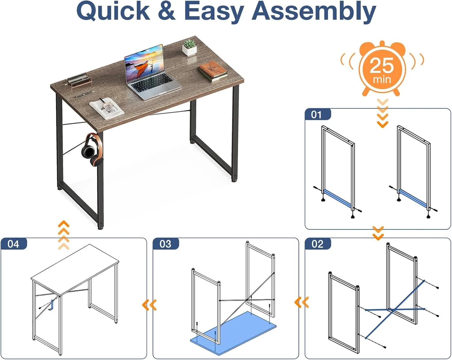Casaottima 32 Inch Small Computer Desk for Home Office, Study Writing Table for Small Spaces, Simple Modern Desk with Headphone Hooks, Grey Oak