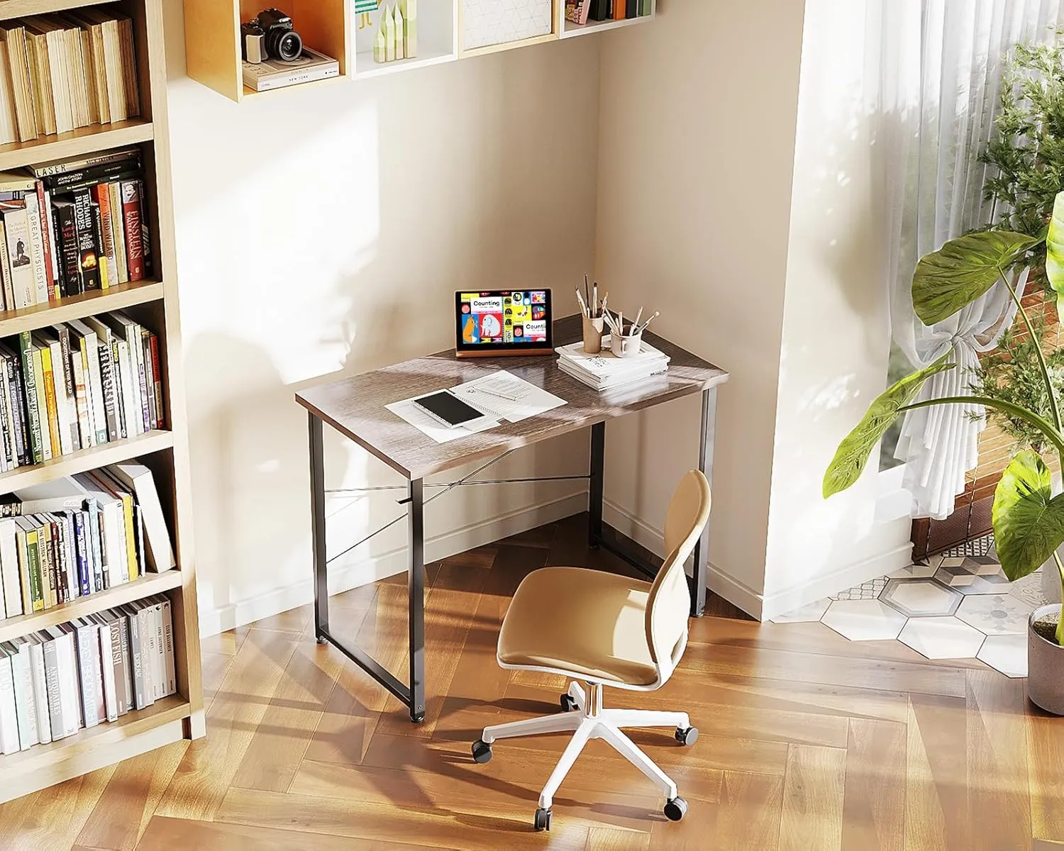 Casaottima 32 Inch Small Computer Desk for Home Office, Study Writing Table for Small Spaces, Simple Modern Desk with Headphone Hooks, Grey Oak