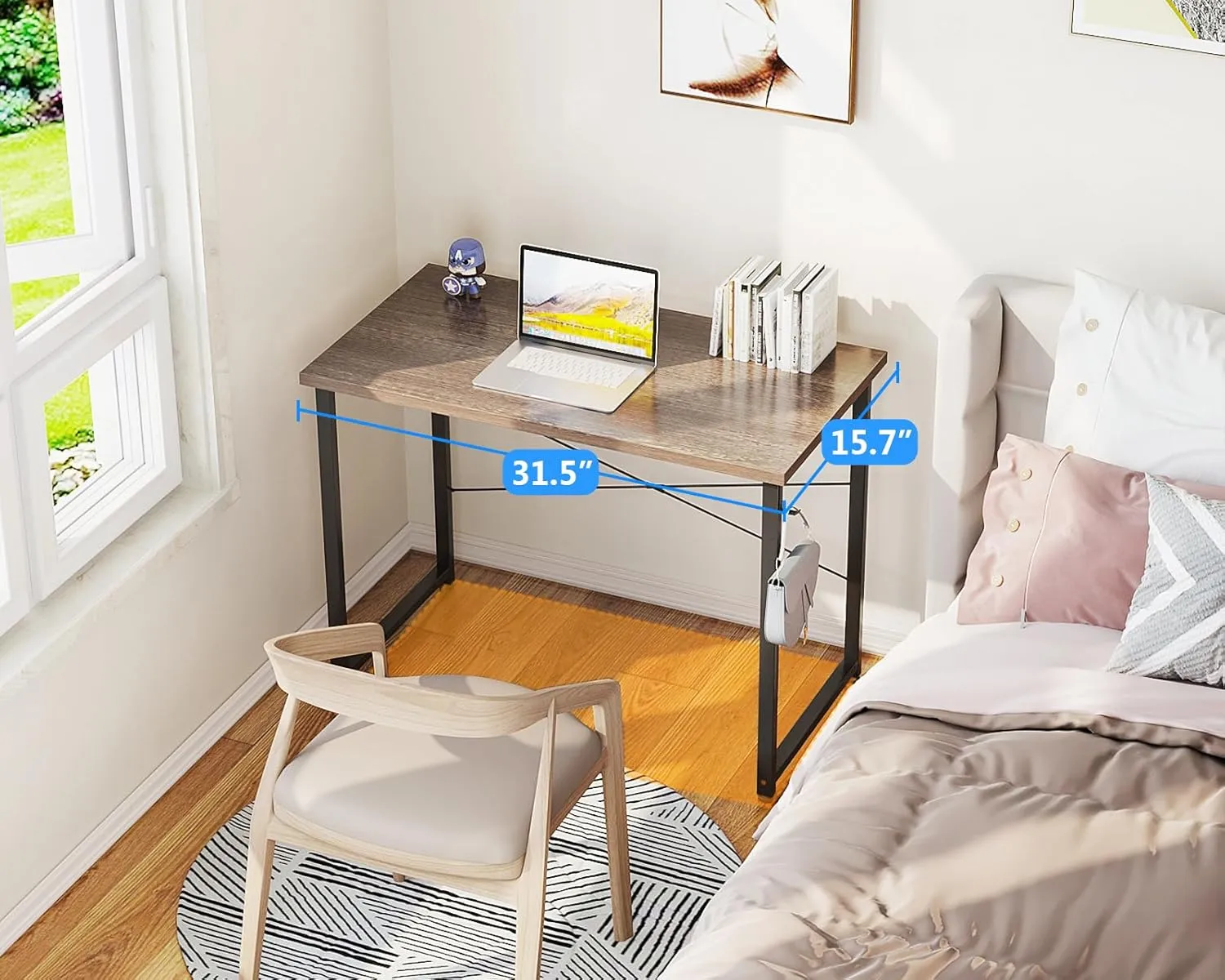 Casaottima 32 Inch Small Computer Desk for Home Office, Study Writing Table for Small Spaces, Simple Modern Desk with Headphone Hooks, Grey Oak