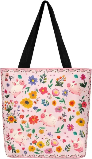 Cat Canvas Tote Bag for Women Boho Floral Handbag,Wildflower Shoulder Bag Rustic Cottagecore Decor,Pink