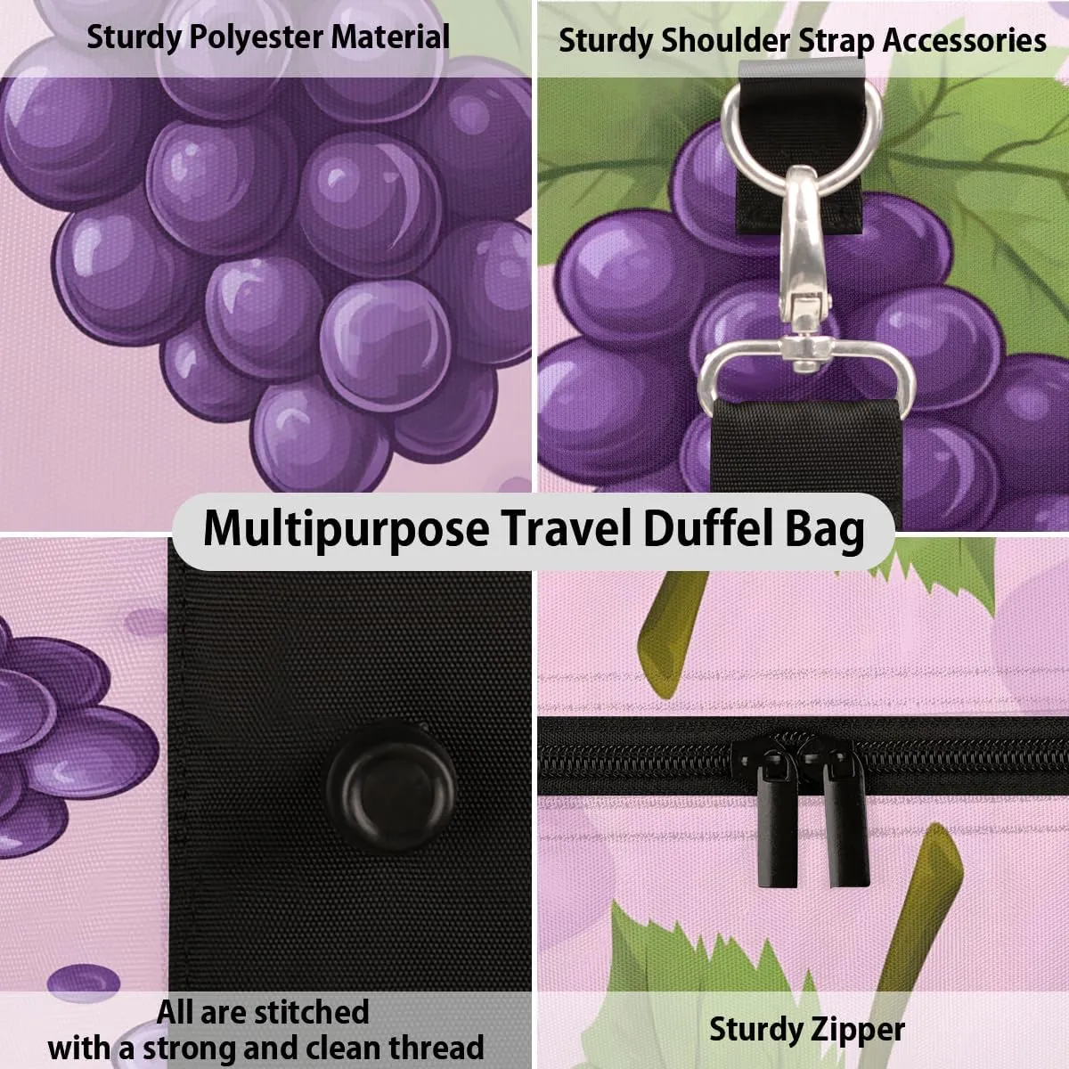 Catoon Grape Travel Duffle Bag for Women Men Gym Duffel Foldable Bag Waterproof Weekender Rustic Fruit Duffle Tote