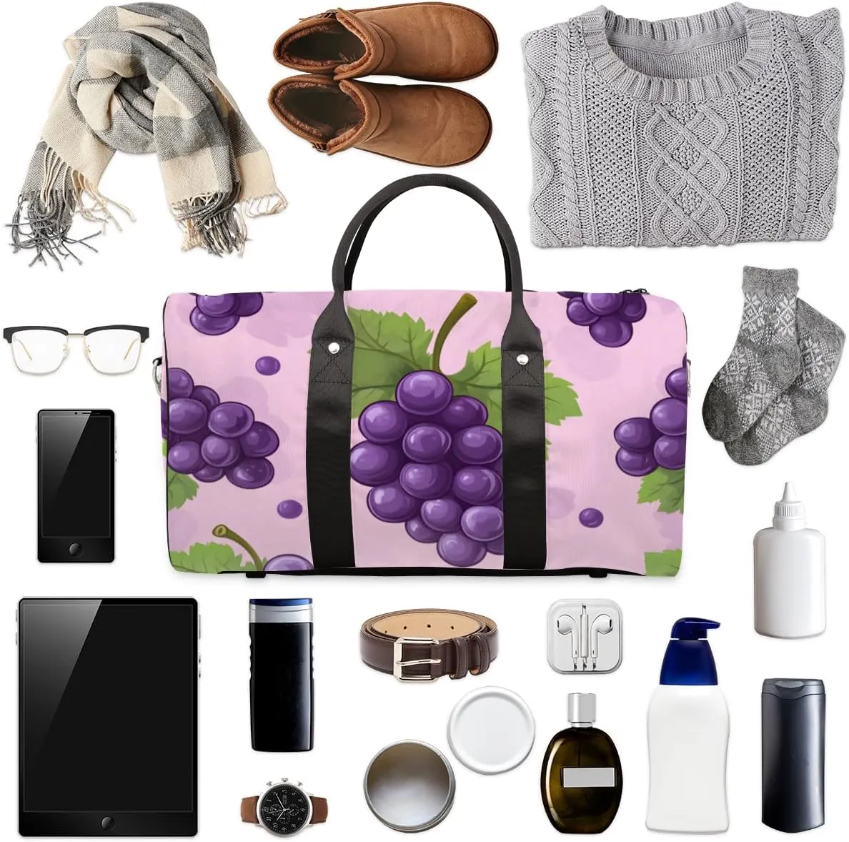 Catoon Grape Travel Duffle Bag for Women Men Gym Duffel Foldable Bag Waterproof Weekender Rustic Fruit Duffle Tote