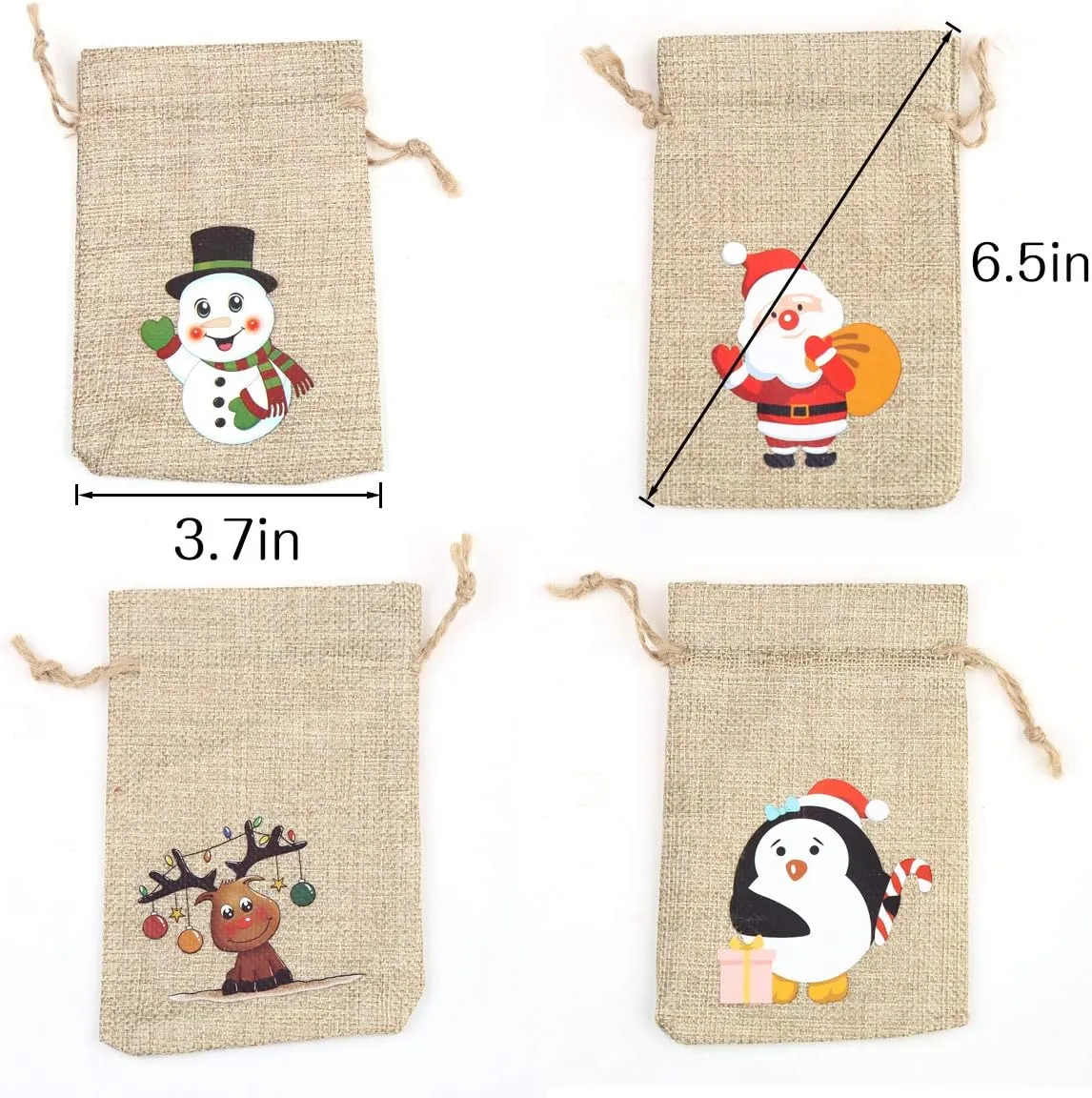 CCINEE 36pc Christmas Linen Bags with Drawstrings Christmas Burlap Goody Gift Bags with Double Jute Drawstrings, 4 designs Snowman, Santa Claus, Penguin and Elk