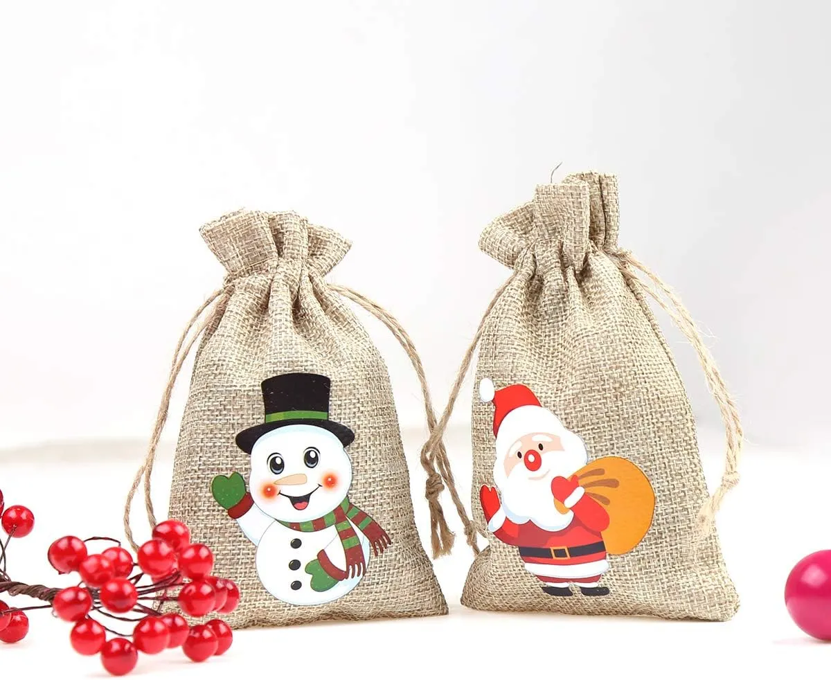 CCINEE 36pc Christmas Linen Bags with Drawstrings Christmas Burlap Goody Gift Bags with Double Jute Drawstrings, 4 designs Snowman, Santa Claus, Penguin and Elk