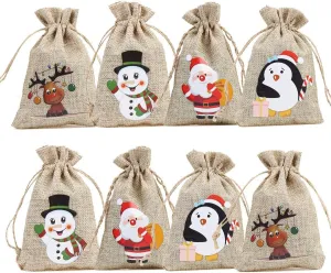 CCINEE 36pc Christmas Linen Bags with Drawstrings Christmas Burlap Goody Gift Bags with Double Jute Drawstrings, 4 designs Snowman, Santa Claus, Penguin and Elk
