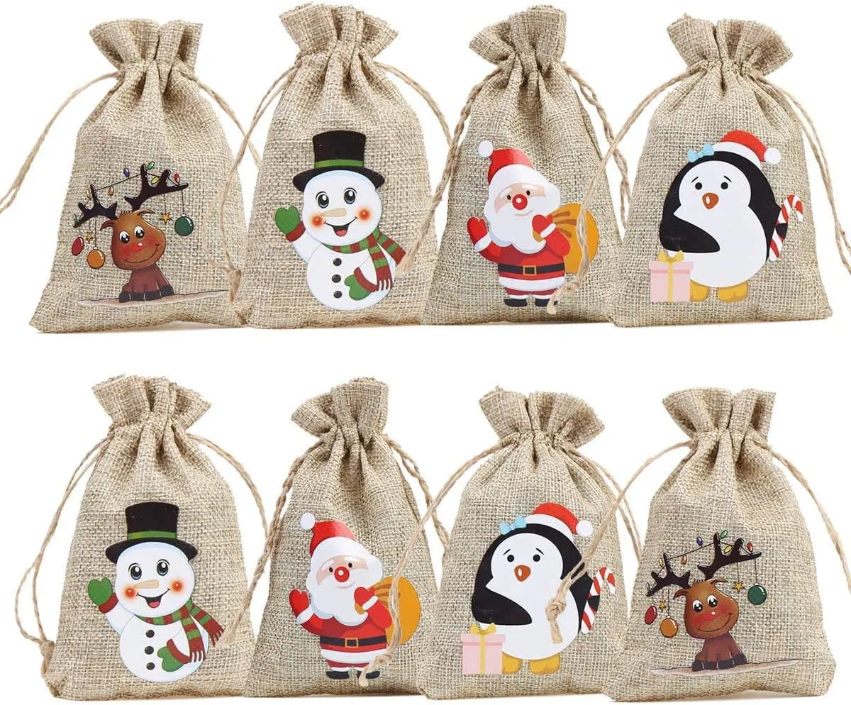 CCINEE 36pc Christmas Linen Bags with Drawstrings Christmas Burlap Goody Gift Bags with Double Jute Drawstrings, 4 designs Snowman, Santa Claus, Penguin and Elk