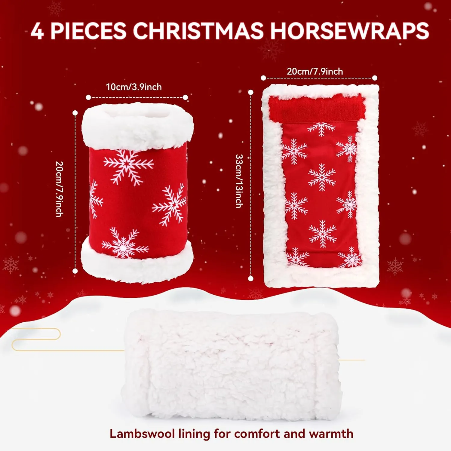 Christmas Red Horse Leg Protectors Faux Fur Polyester Standing Wraps, Pack of 4 (Snowflake)