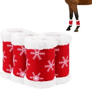 Christmas Red Horse Leg Protectors Faux Fur Polyester Standing Wraps, Pack of 4 (Snowflake)