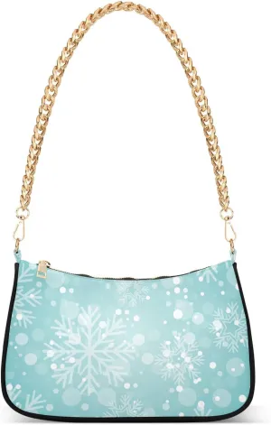 Christmas Winter Snowflake Pattern Shoulder Handbags for Women Travel Hobo Tote Handbag Women Gold Chain Shoulder Bags Purse with Zipper Closure