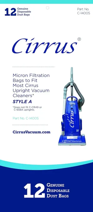 Cirrus ProGrade Style A Upright Vacuum Cleaner Bags | Fits ALL Cirrus & ProGrade Models | Part 14005 | Disposable, Commercial Grade Bags Combat Home Allergens | 12 Bags